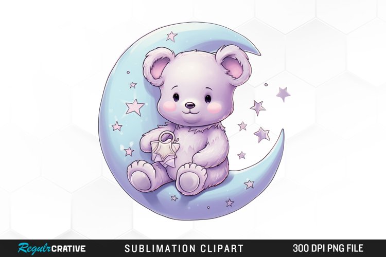 Watercolor Teddy bear Crescent Moon Clipart