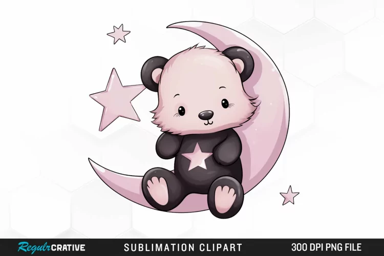 Watercolor Teddy bear Crescent Moon Clipart