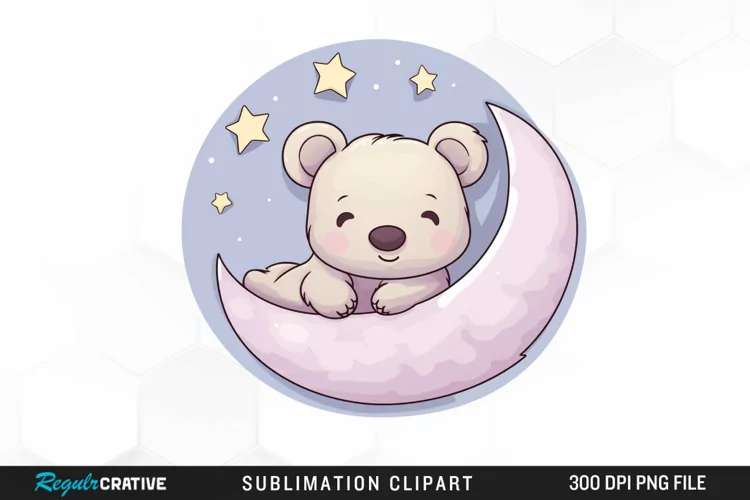 Watercolor Teddy bear Crescent Moon Clipart