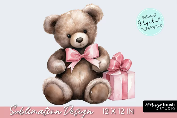 Watercolor Teddy Bear Valentine PNG Clipart Sublimation