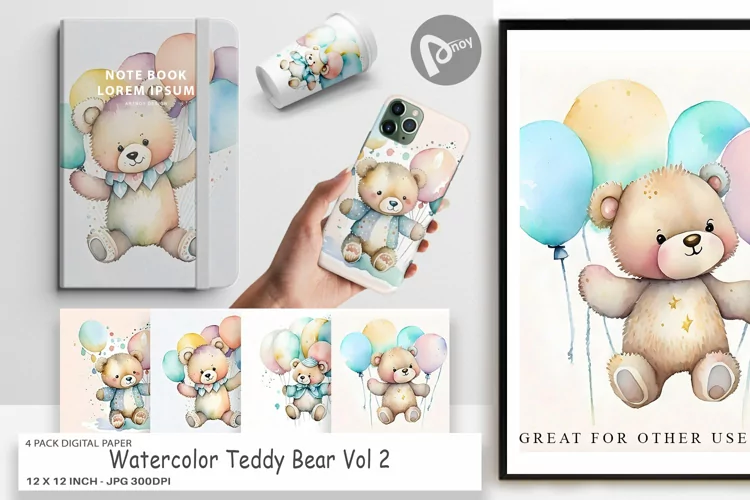 Digital Paper Watercolor Teddy Bear