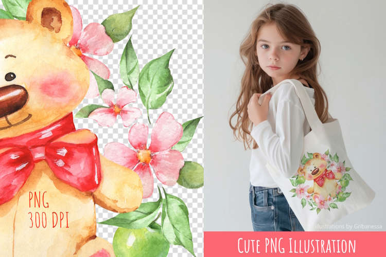 Watercolor Teddy Bear with Flowers PNG