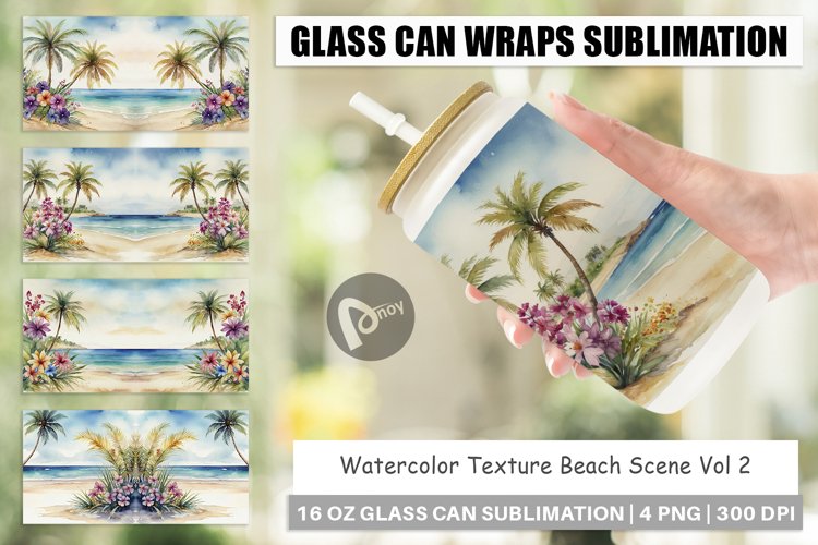 Glass Can Wraps Watercolor Beach Scene