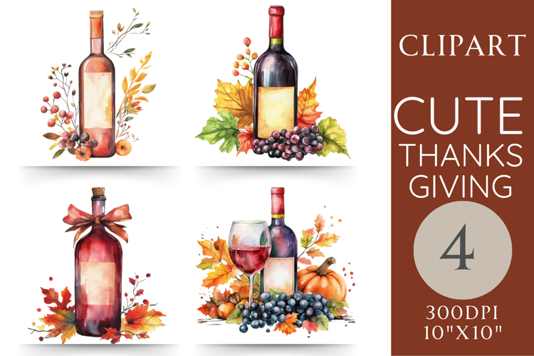 Watercolor Thanksgiving Wine Clipart | 4 PNGs
