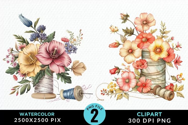 Watercolor Thread Spools Flowers PNG Clipart