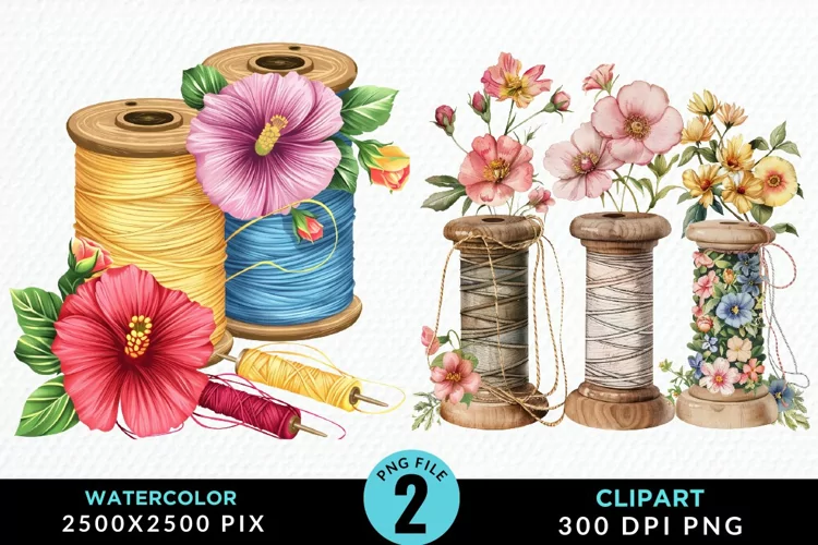 Watercolor Thread Spools Flowers Fun Clipart
