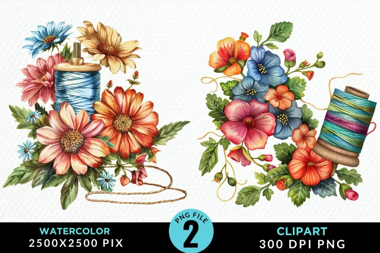Watercolor Thread Spools Flowers Fun Clipart