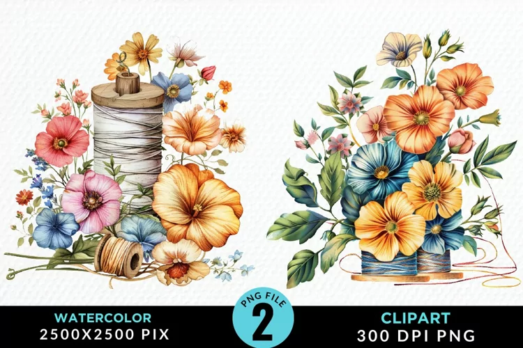Watercolor Thread Spools Flowers Fun Clipart