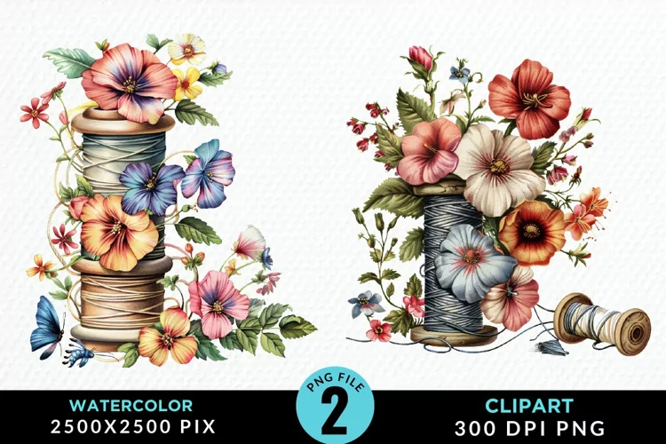 Watercolor Thread Spools Flowers Fun Clipart