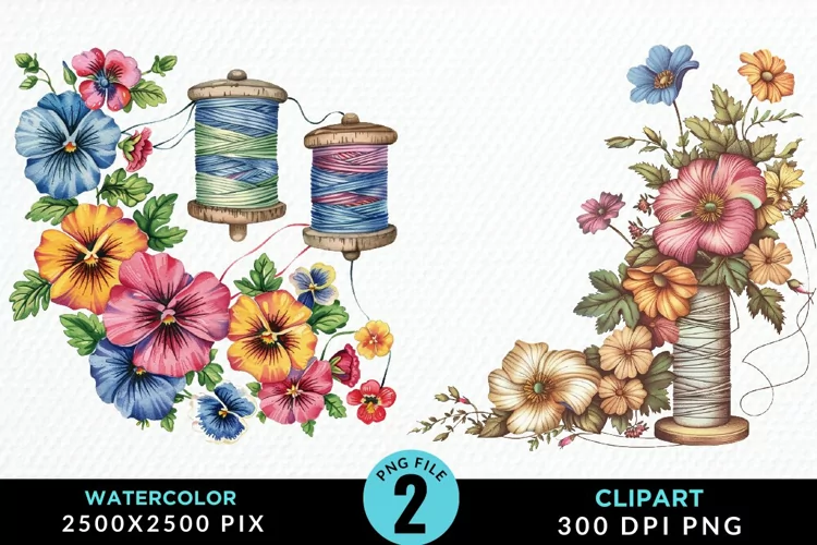 Watercolor Thread Spools Flowers PNG Clipart