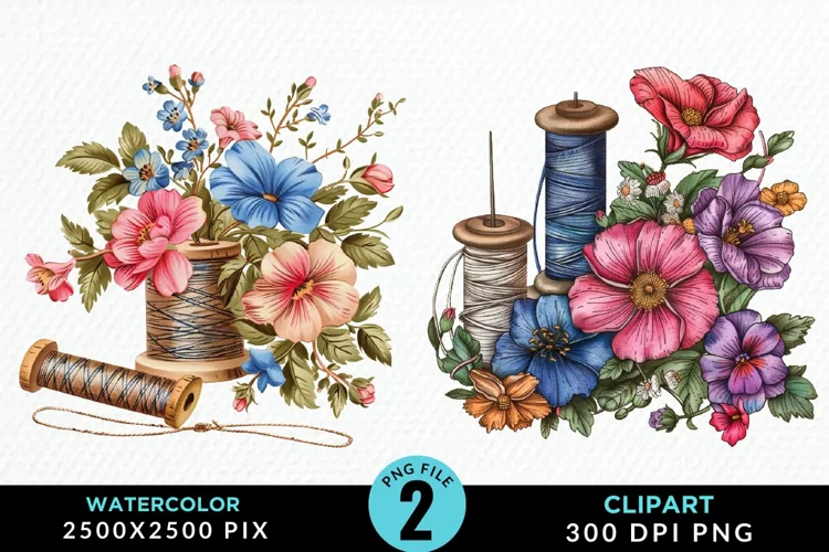 Watercolor Thread Spools Flowers PNG Clipart
