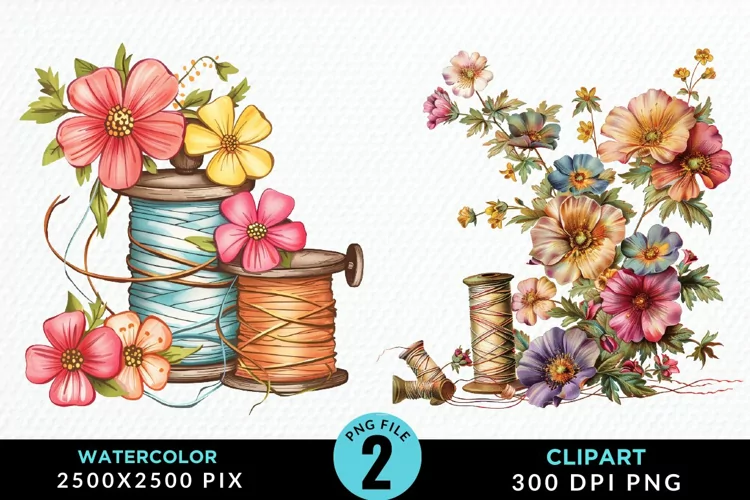 Watercolor Thread Spools Flowers Fun Clipart