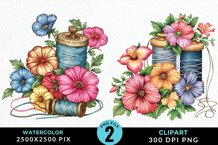 Watercolor Thread Spools Flowers Fun Clipart
