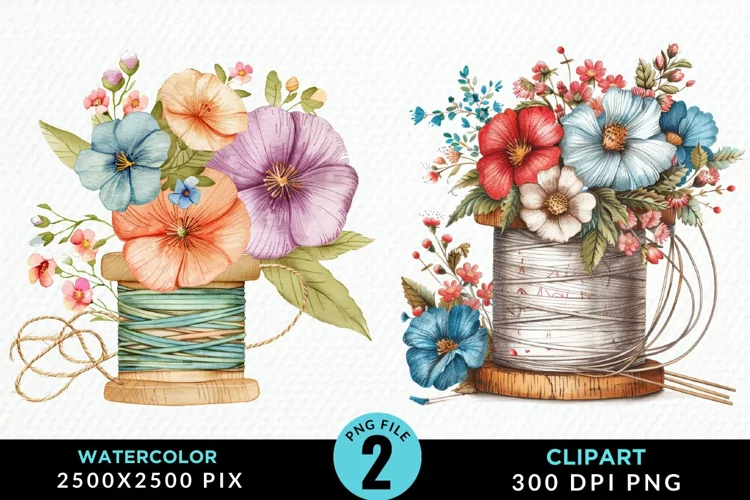 Watercolor Thread Spools Flowers Fun Clipart