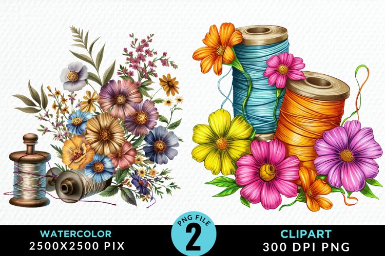 Watercolor Thread Spools Flowers Fun Clipart