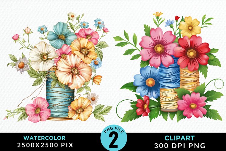 Watercolor Thread Spools Flowers PNG Clipart