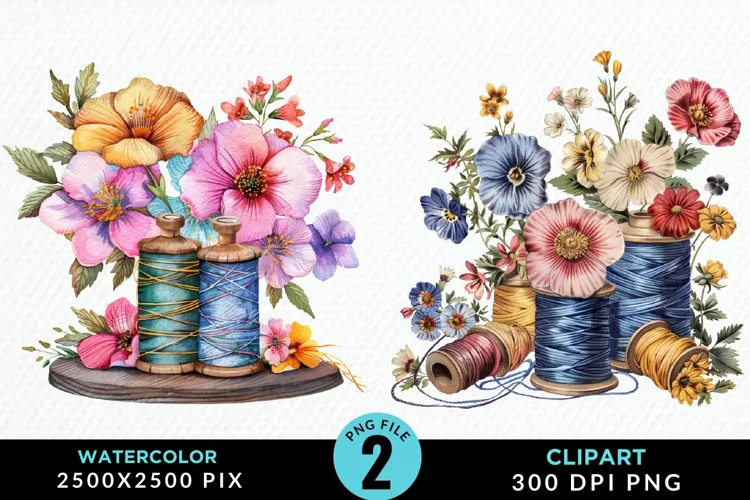 Watercolor Thread Spools Flowers Fun Clipart