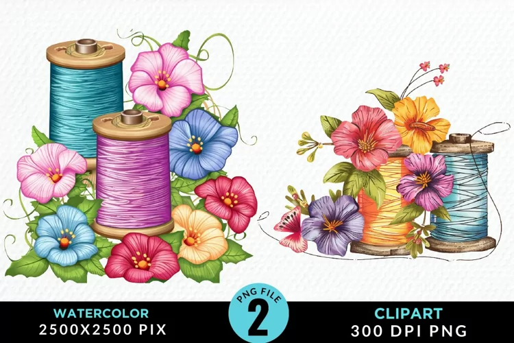 Watercolor Thread Spools Flowers Fun Clipart