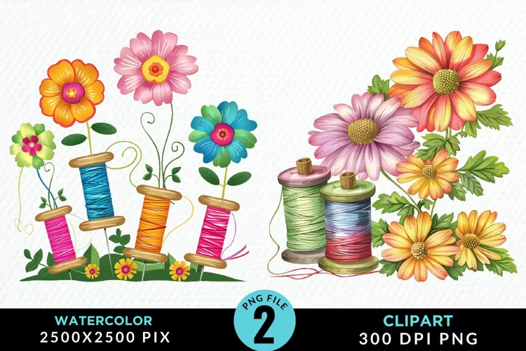 Watercolor Thread Spools Flowers Fun Clipart