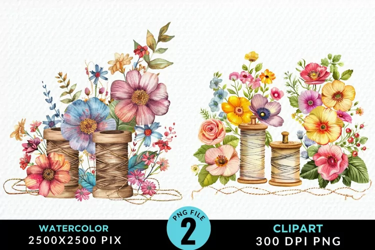 Watercolor Thread Spools Flowers PNG Clipart