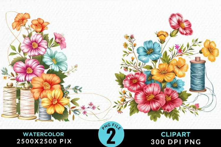 Watercolor Thread Spools Flowers Fun Clipart