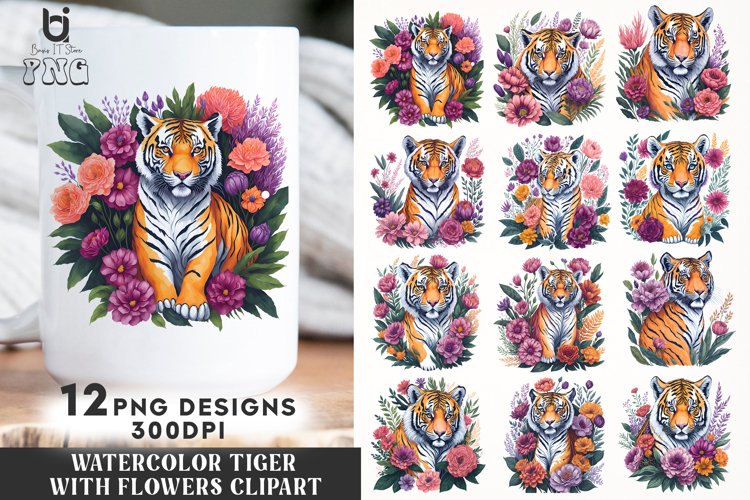 Watercolor Tiger With Flowers Clipart, Mug Sublimation PNG