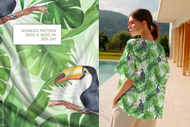 Green Watercolor Toucan Tropical Pattern example image 1
