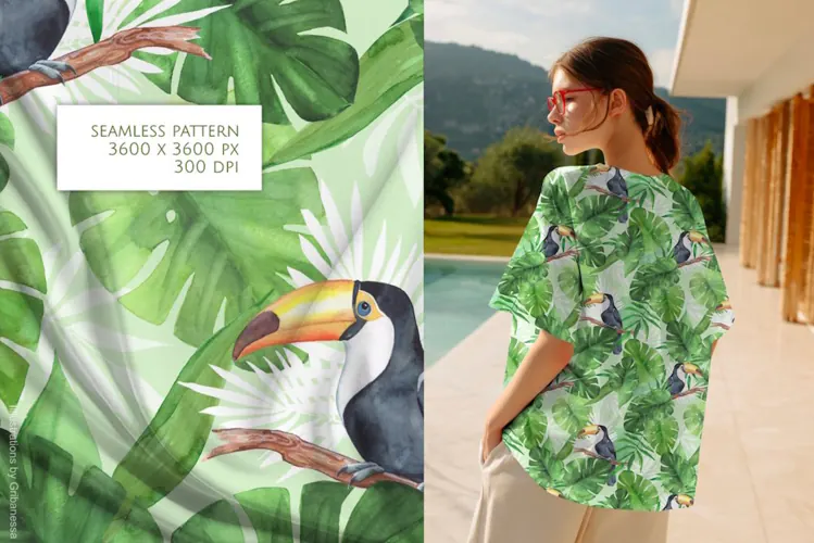 Green Watercolor Toucan Tropical Pattern