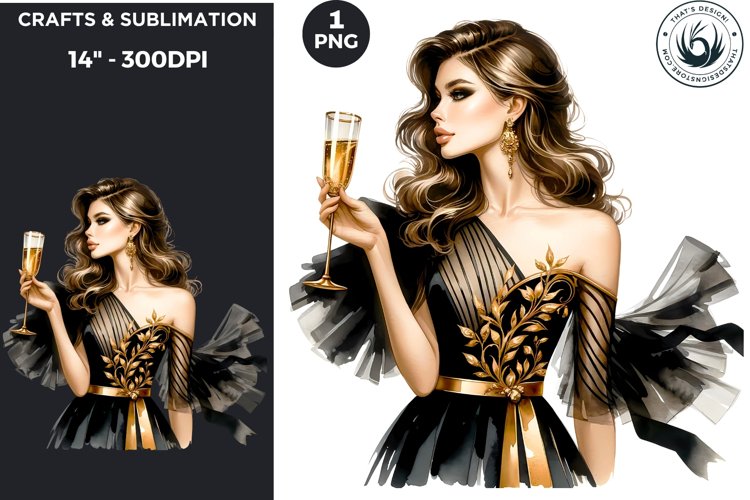 Watercolor Black & Gold New Year girl PNG celebration example image 1