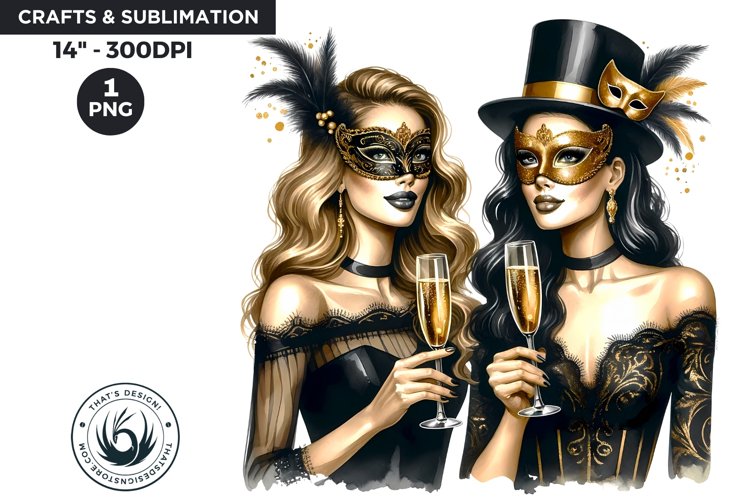 Watercolor Black & Gold New Year Girls PNG