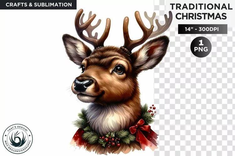 Watercolor Christmas Reindeer Clipart PNG