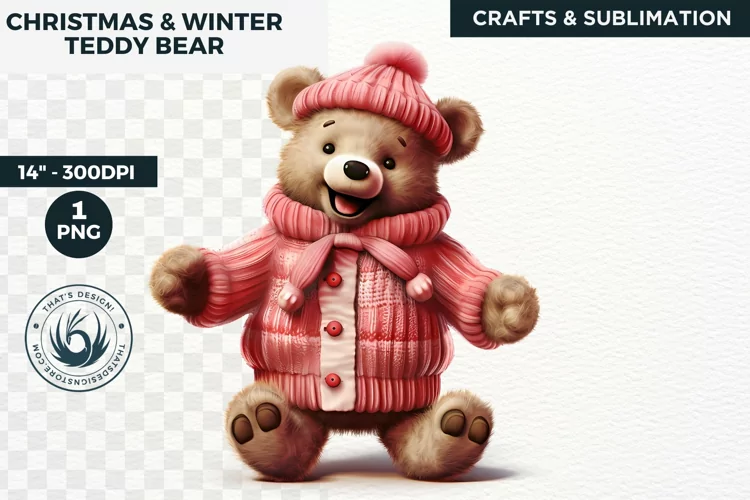 Pink Christmas teddy Bear Clipart PNG for sublimation