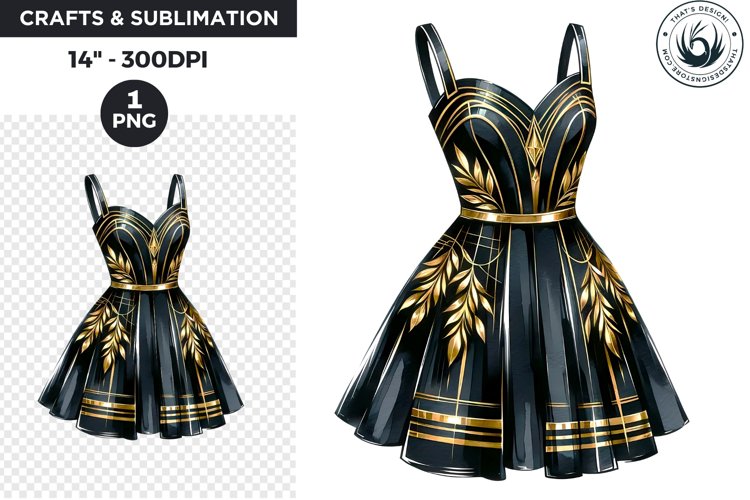 Watercolor Black & Gold party dress New Year Clipart