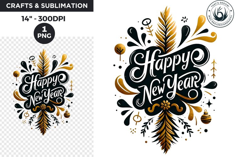 Watercolor Black & Gold happy New Year PNG example image 1