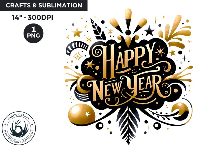 Watercolor Black & Gold happy New Year PNG