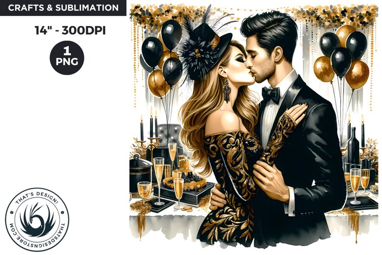 Watercolor Black & Gold New Year midnight kiss PNG example image 1