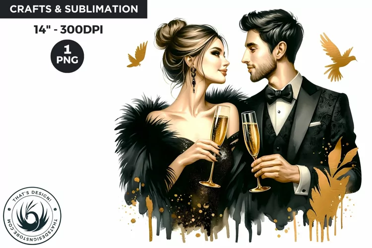 Watercolor Black & Gold New Year romantic couple PNG
