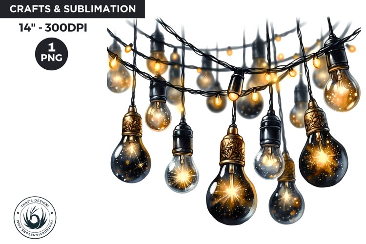 Watercolor Black & Gold twinkling lights New Year Clipart example image 1