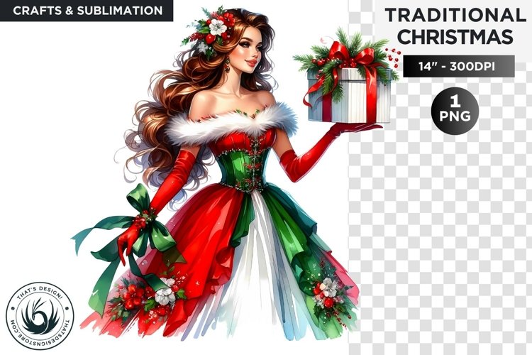 Watercolor Christmas Girl with gift Clipart PNG