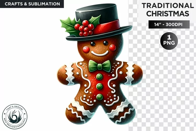 Watercolor Christmas Gingerbread Man Clipart PNG