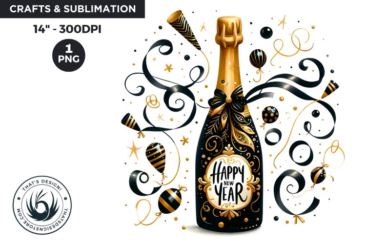 Watercolor Black & Gold Champagne Happy New Year Clipart