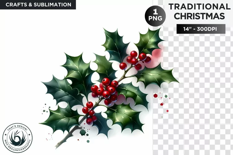 Watercolor Christmas holly Clipart PNG