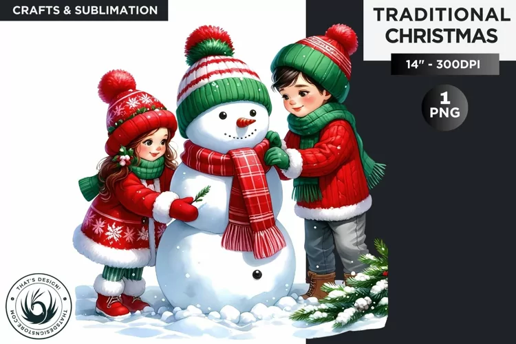 Watercolor Christmas Snowman with kids Clipart PNG