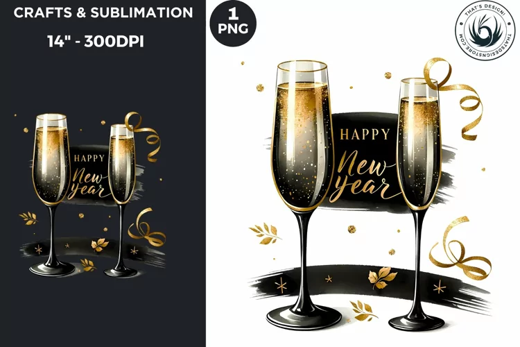 Watercolor Black & Gold Champagne New Year PNG