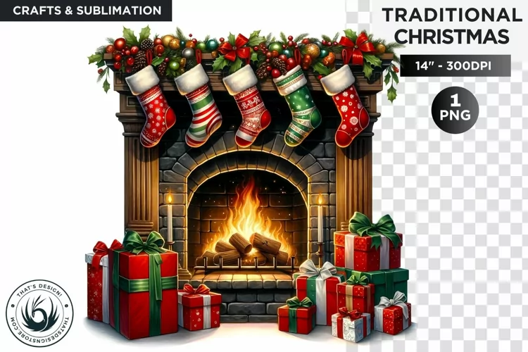 Watercolor cosy chimney Christmas Clipart PNG