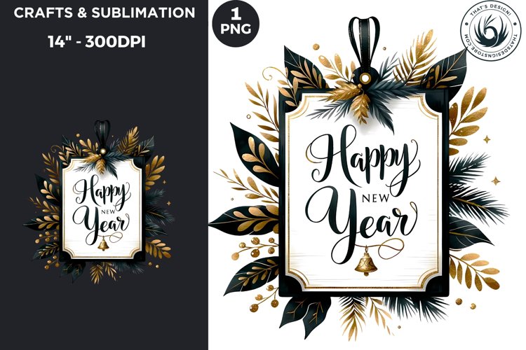 Watercolor Black & Gold happy New Year PNG example image 1