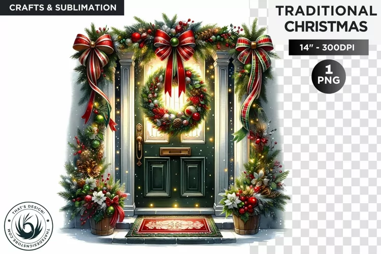 Watercolor Christmas cozy door Clipart PNG
