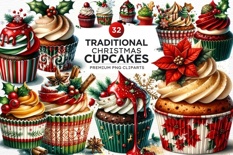 Traditional Christmas Cupcakes Clipart PNG Bundle example image 1