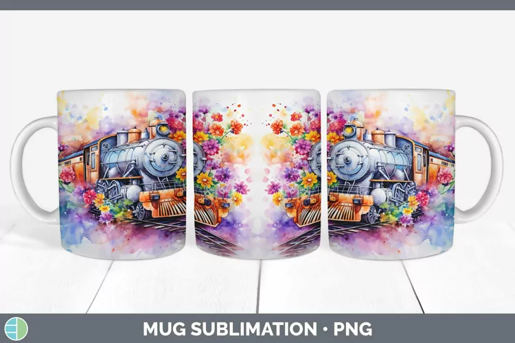 Watercolor Train Mug Wrap | Sublimation Coffee Cup Designs
