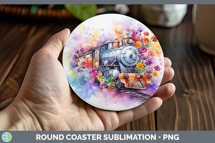 Watercolor Train Round Coaster | Sublimation Coaster Designs